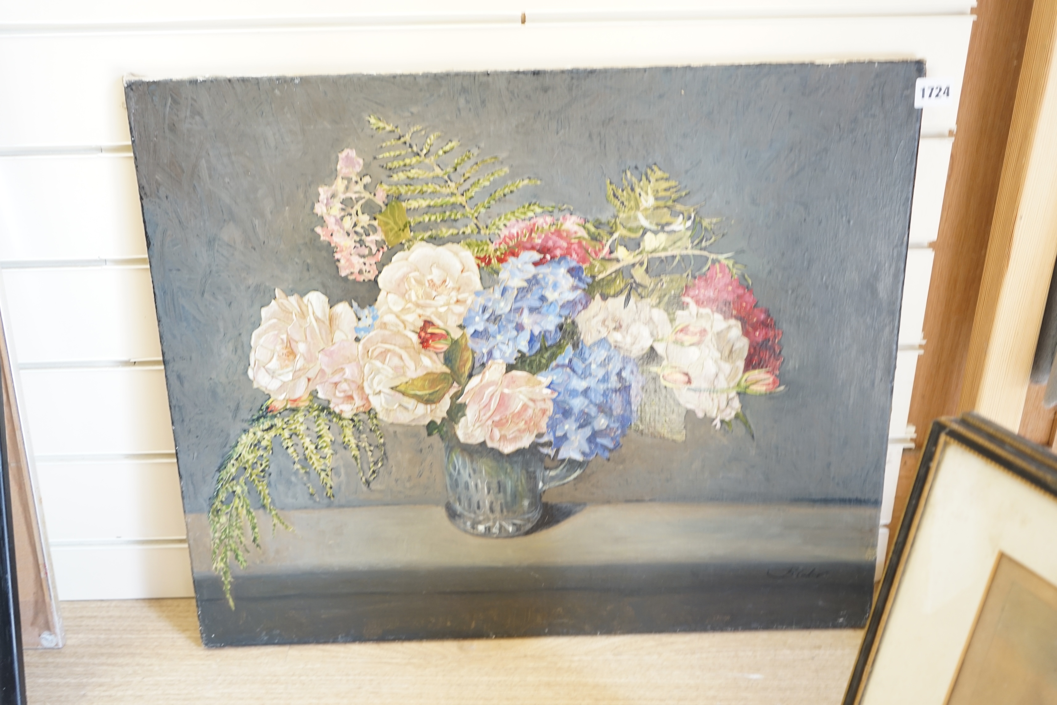 Michael John Blaker (1928-2018), two oils on canvas, Still lifes of flowers in vases, both signed, largest 53 x 65cm, unframed. Condition - fair